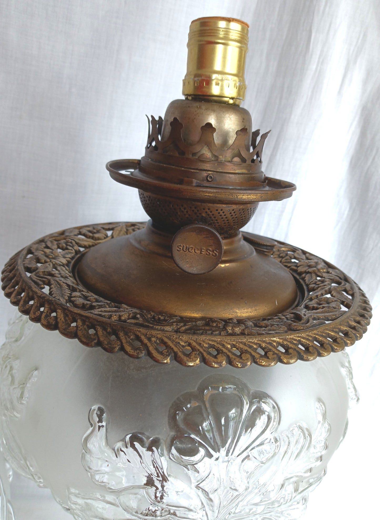 Antique GWTW Style Regal Iris Electrified Oil Lamp Success Brass Burner Heavy Glass Body and Base Shade Chimney in Line Switch 30 “Tall