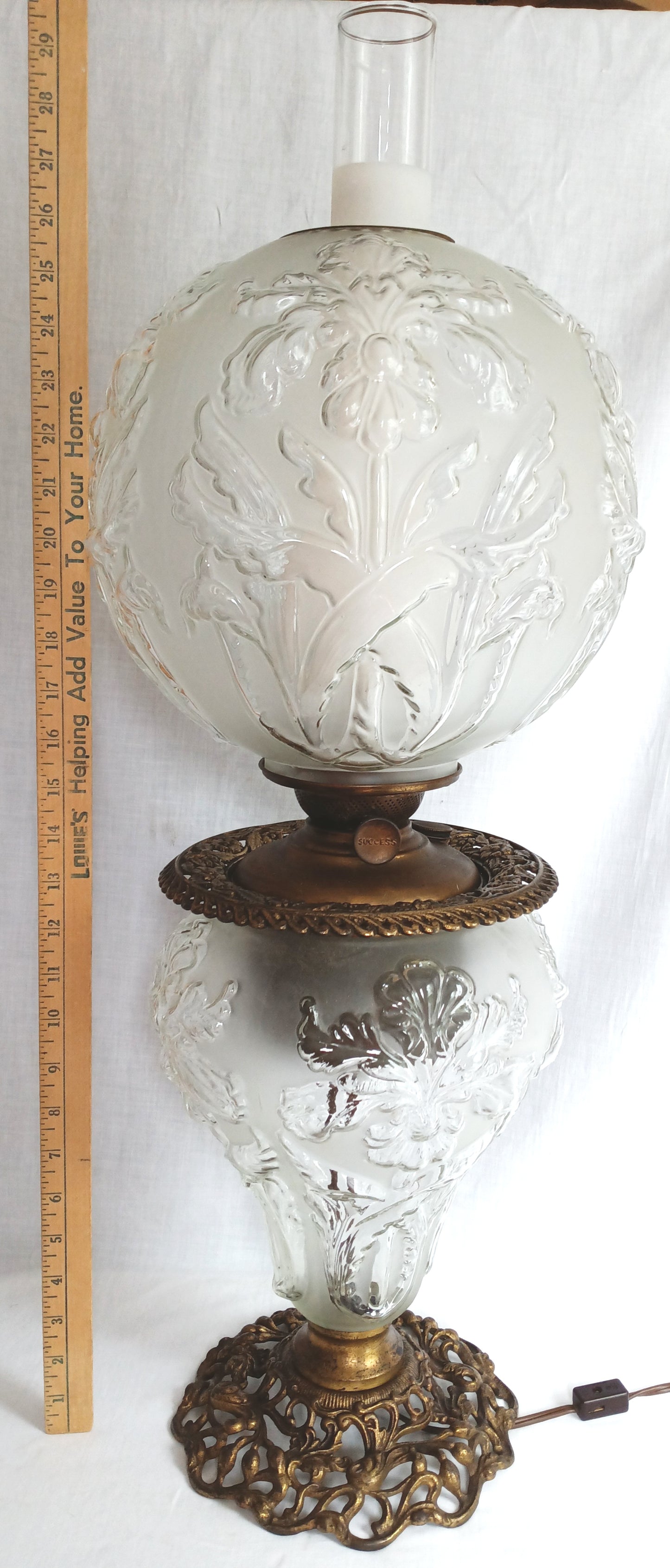 Antique GWTW Style Regal Iris Electrified Oil Lamp Success Brass Burner Heavy Glass Body and Base Shade Chimney in Line Switch 30 “Tall