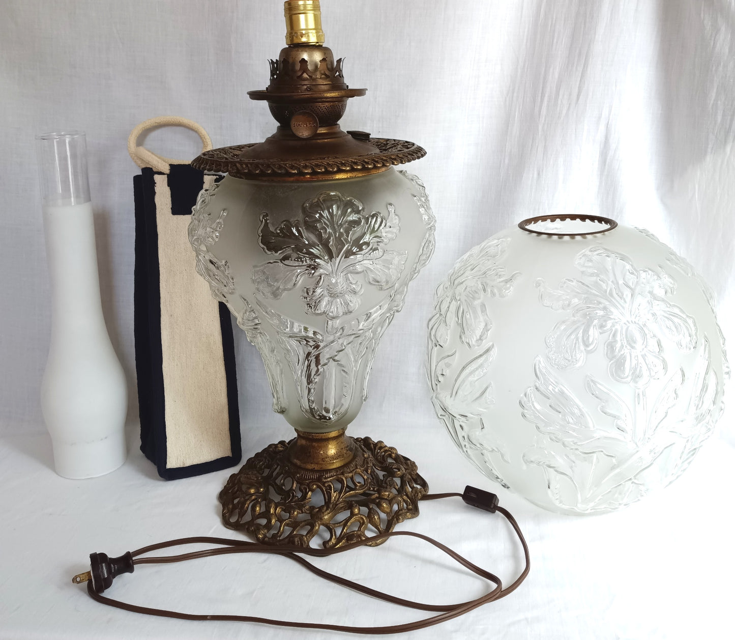 Antique GWTW Style Regal Iris Electrified Oil Lamp Success Brass Burner Heavy Glass Body and Base Shade Chimney in Line Switch 30 “Tall