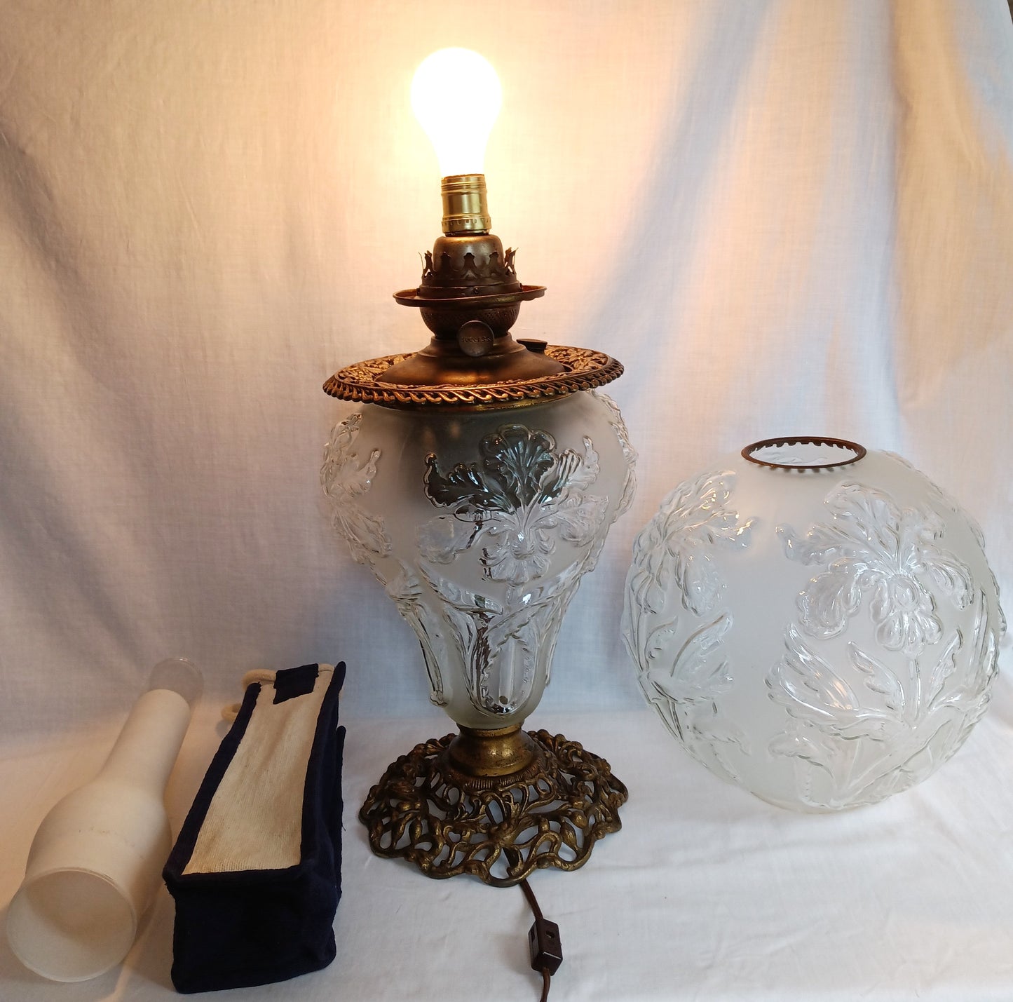 Antique GWTW Style Regal Iris Electrified Oil Lamp Success Brass Burner Heavy Glass Body and Base Shade Chimney in Line Switch 30 “Tall