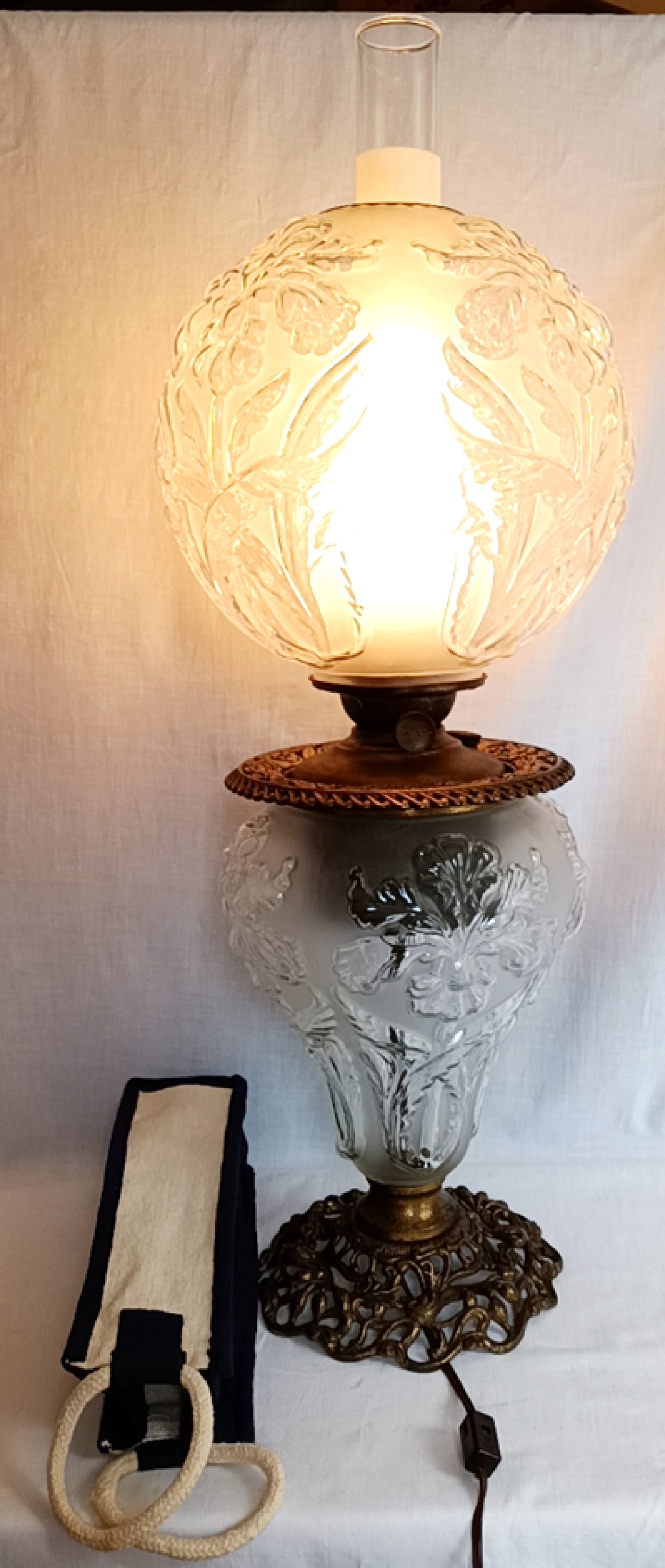 Antique GWTW Style Regal Iris Electrified Oil Lamp Success Brass Burner Heavy Glass Body and Base Shade Chimney in Line Switch 30 “Tall