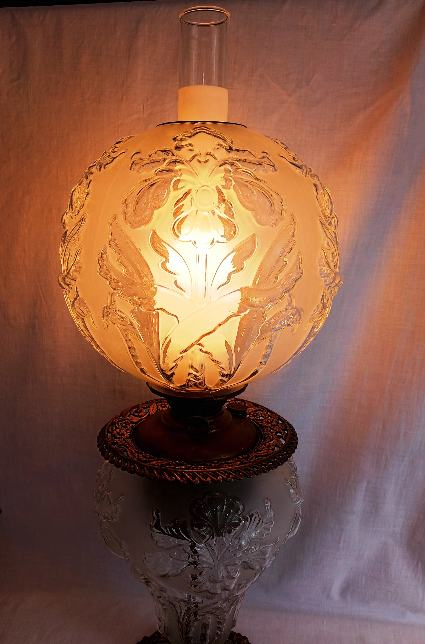 Antique GWTW Style Regal Iris Electrified Oil Lamp Success Brass Burner Heavy Glass Body and Base Shade Chimney in Line Switch 30 “Tall