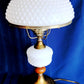 Vintage GWTW Table Parlor Lamp Milk Glass Body and Shade Hobnail Design Wood Insert Brass 3-way Glass Chimney Retro Lighting
