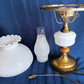 Vintage GWTW Table Parlor Lamp Milk Glass Body and Shade Hobnail Design Wood Insert Brass 3-way Glass Chimney Retro Lighting