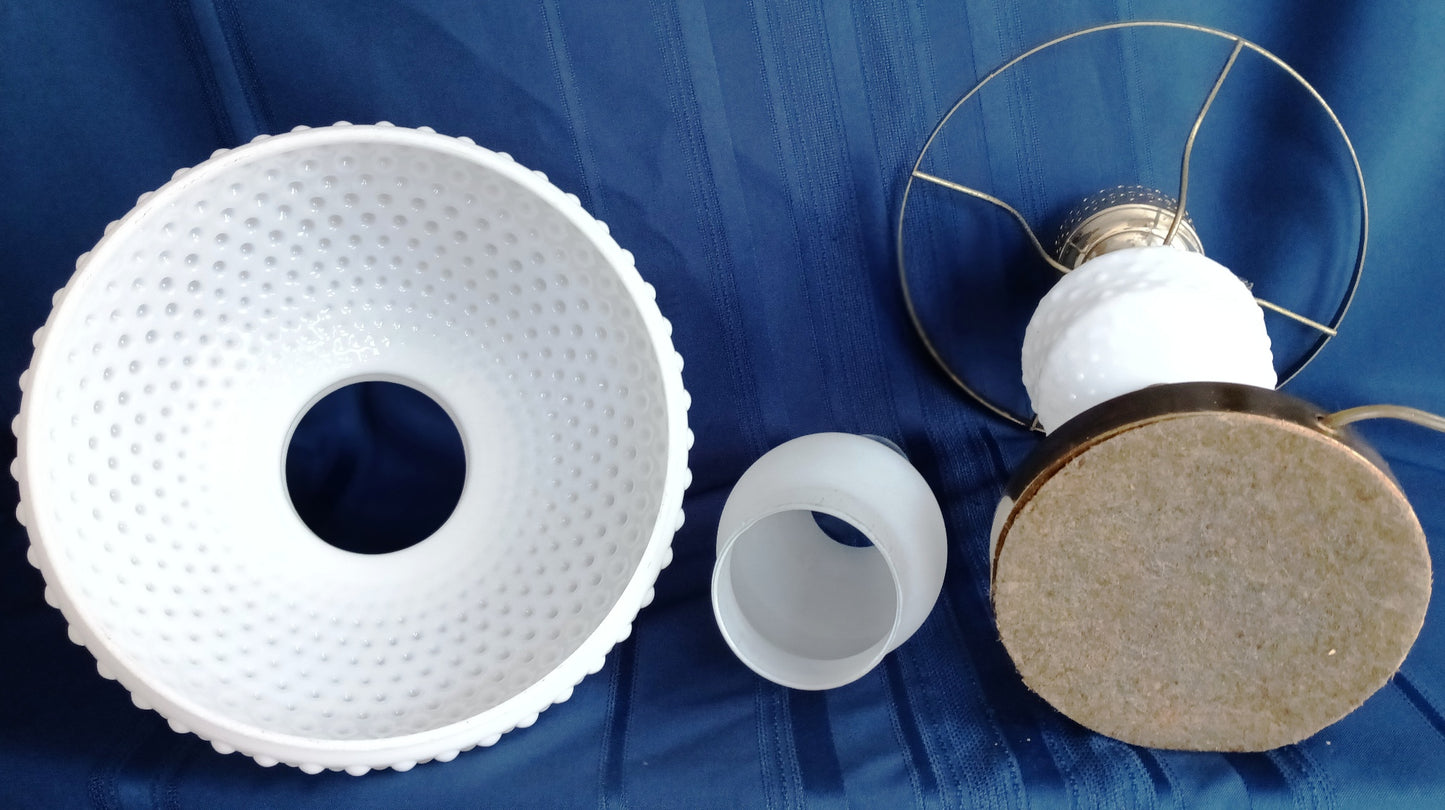 Vintage GWTW Table Parlor Lamp Milk Glass Body and Shade Hobnail Design Wood Insert Brass 3-way Glass Chimney Retro Lighting