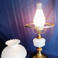 Vintage GWTW Table Parlor Lamp Milk Glass Body and Shade Hobnail Design Wood Insert Brass 3-way Glass Chimney Retro Lighting