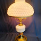 Vintage GWTW Table Parlor Lamp Milk Glass Body and Shade Hobnail Design Wood Insert Brass 3-way Glass Chimney Retro Lighting