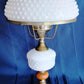 Vintage GWTW Table Parlor Lamp Milk Glass Body and Shade Hobnail Design Wood Insert Brass 3-way Glass Chimney Retro Lighting