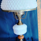 Vintage GWTW Table Parlor Lamp Milk Glass Body and Shade Hobnail Design Wood Insert Brass 3-way Glass Chimney Retro Lighting