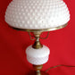 Vintage GWTW Table Parlor Lamp Milk Glass Body and Shade Hobnail Design Wood Insert Brass 3-way Glass Chimney Retro Lighting