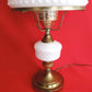 Vintage GWTW Table Parlor Lamp Milk Glass Body and Shade Hobnail Design Wood Insert Brass 3-way Glass Chimney Retro Lighting