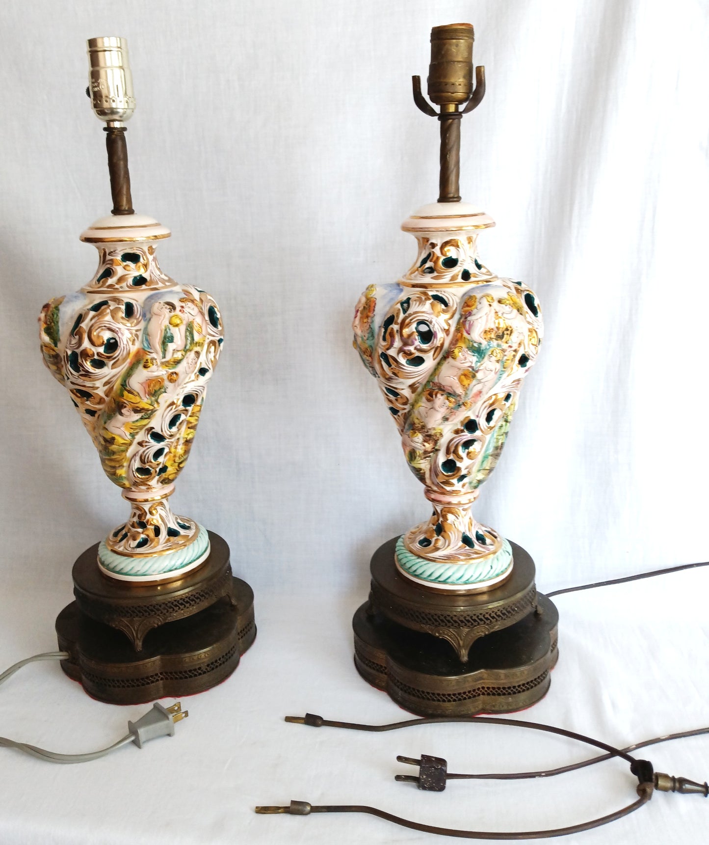 Vintage Capodimonte Style Porcelain Table Lamp Hand-Painted Floral Cherub Scenes Ornate Brass Metal Plinth Base Harp Finial