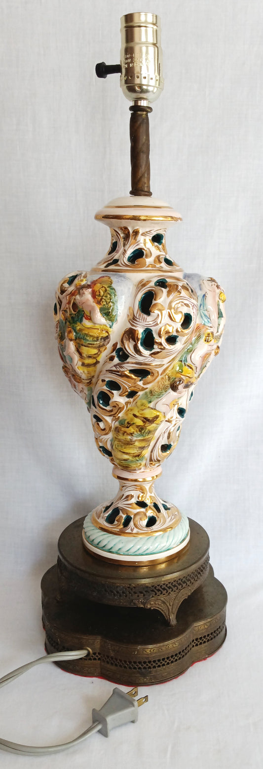 Vintage Capodimonte Style Porcelain Table Lamp Hand-Painted Floral Cherub Scenes Ornate Brass Metal Base