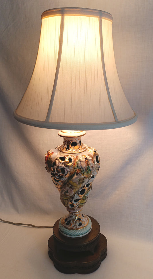 Vintage Capodimonte Style Porcelain Table Lamp Hand-Painted Floral Cherub Scenes Ornate Brass Metal Base