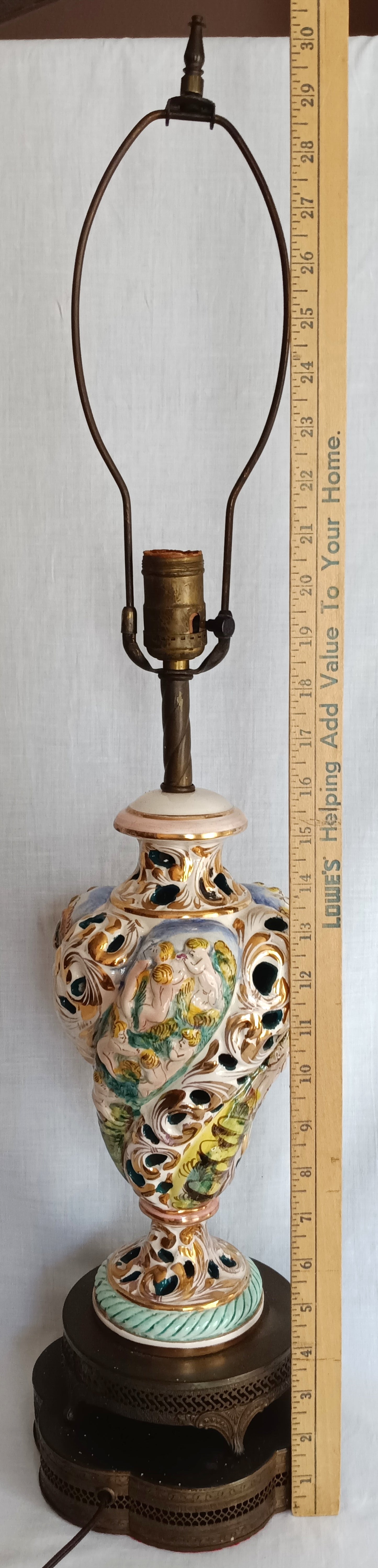 Vintage Capodimonte Style Porcelain Table Lamp Hand-Painted Floral Cherub Scenes Ornate Brass Metal Plinth Base Harp Finial