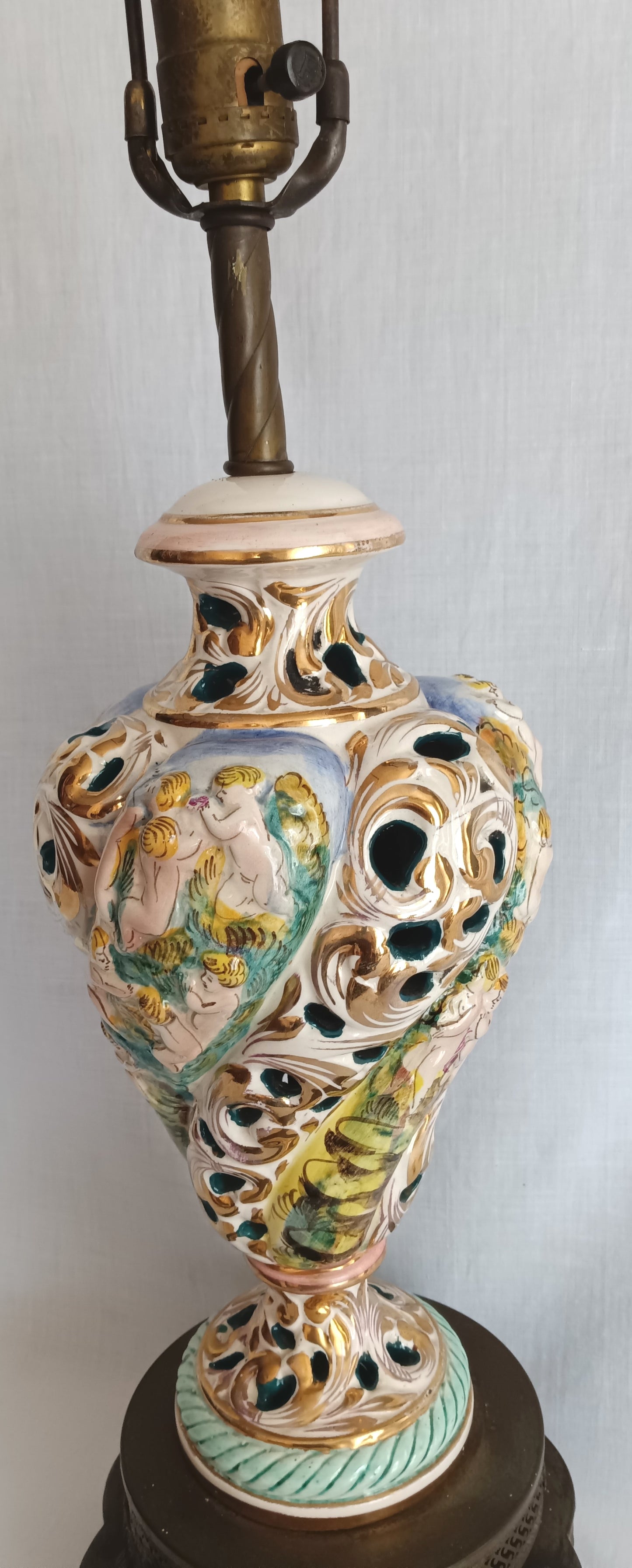 Vintage Capodimonte Style Porcelain Table Lamp Hand-Painted Floral Cherub Scenes Ornate Brass Metal Plinth Base Harp Finial