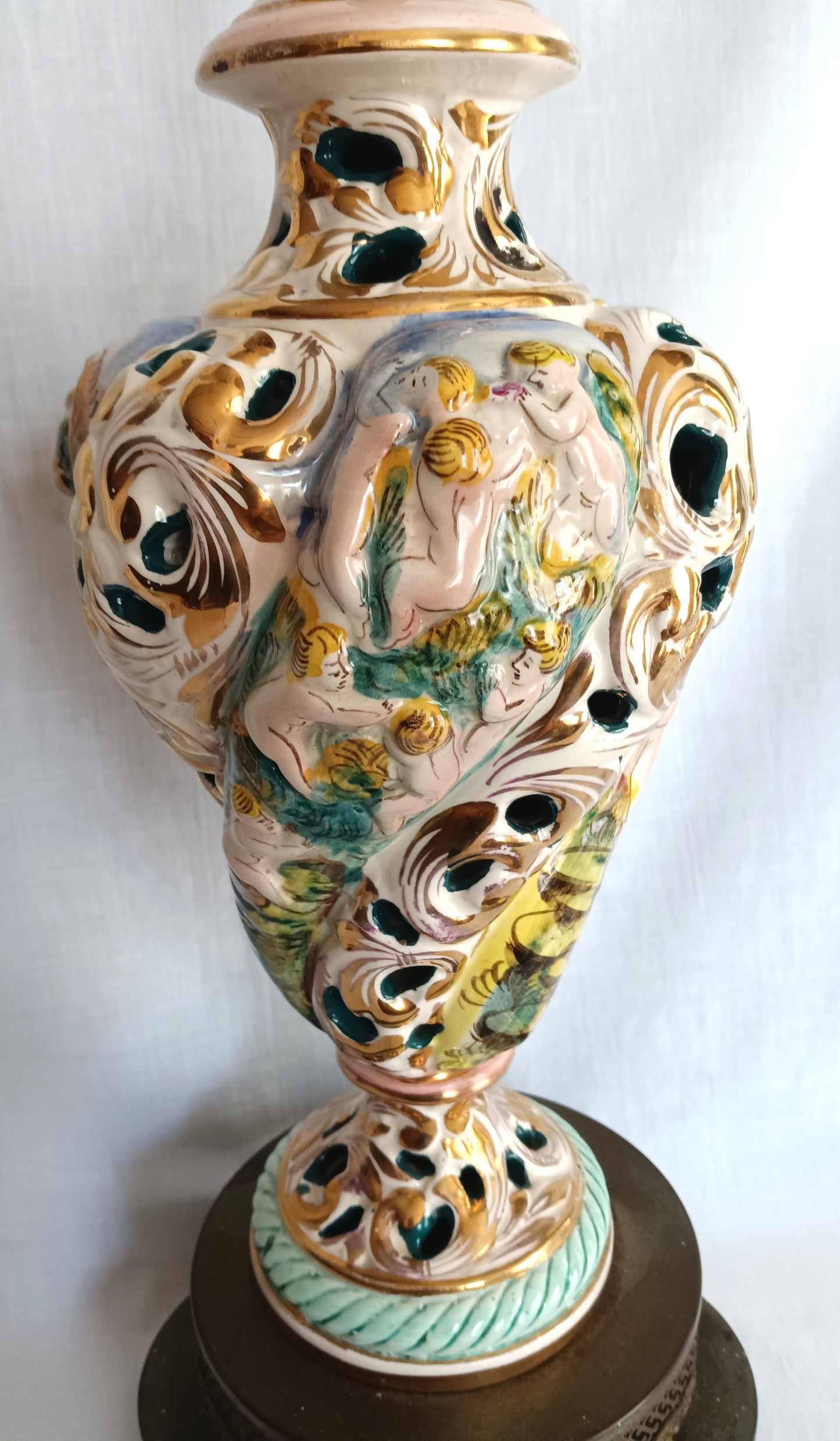 Vintage Capodimonte Style Porcelain Table Lamp Hand-Painted Floral Cherub Scenes Ornate Brass Metal Plinth Base Harp Finial