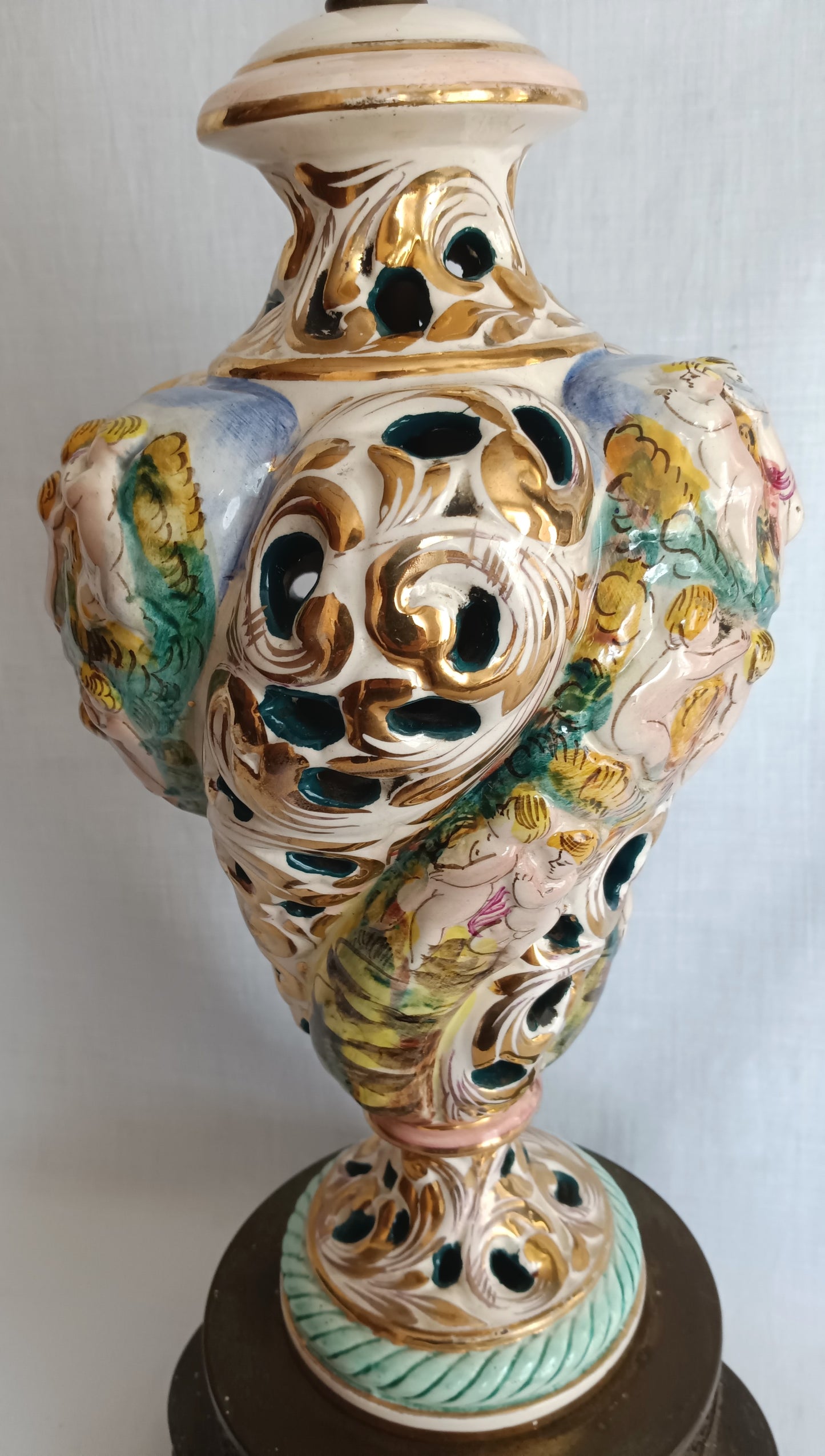 Vintage Capodimonte Style Porcelain Table Lamp Hand-Painted Floral Cherub Scenes Ornate Brass Metal Plinth Base Harp Finial