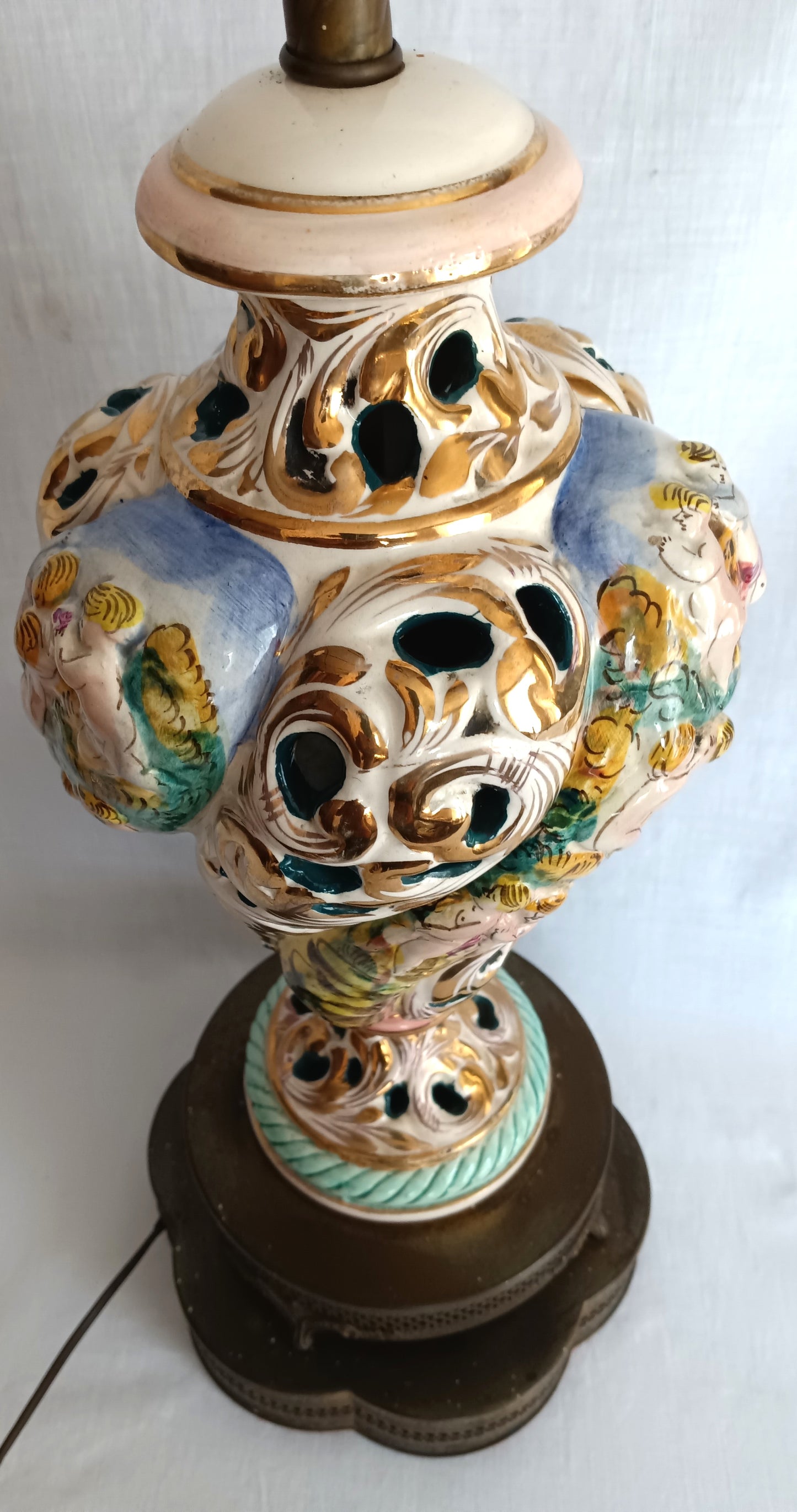 Vintage Capodimonte Style Porcelain Table Lamp Hand-Painted Floral Cherub Scenes Ornate Brass Metal Plinth Base Harp Finial