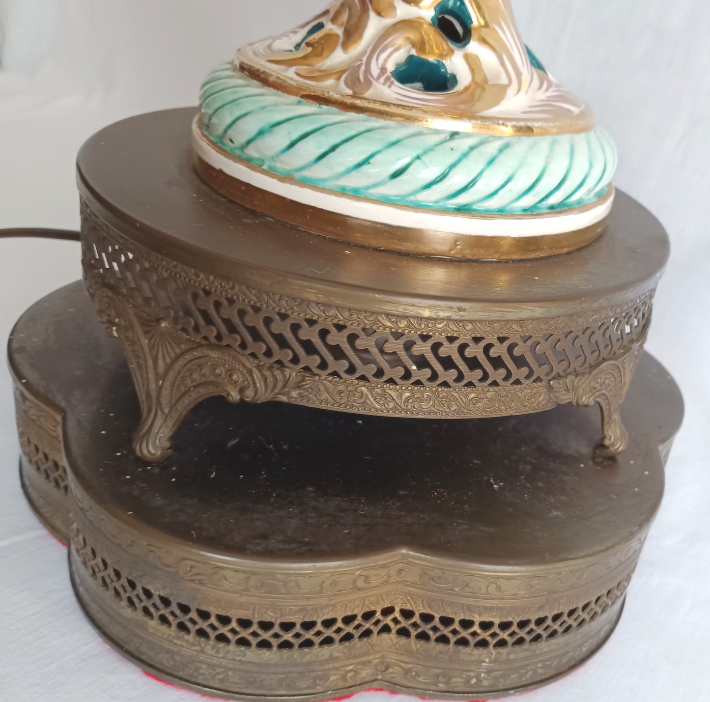 Vintage Capodimonte Style Porcelain Table Lamp Hand-Painted Floral Cherub Scenes Ornate Brass Metal Plinth Base Harp Finial