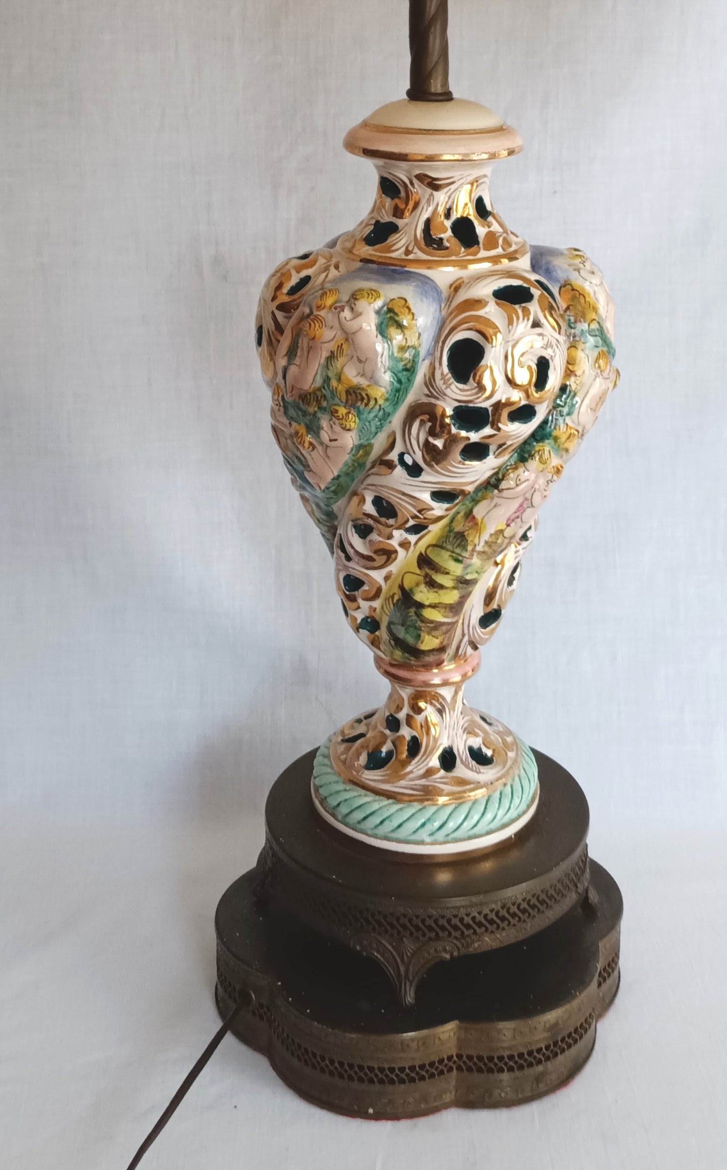 Vintage Capodimonte Style Porcelain Table Lamp Hand-Painted Floral Cherub Scenes Ornate Brass Metal Plinth Base Harp Finial