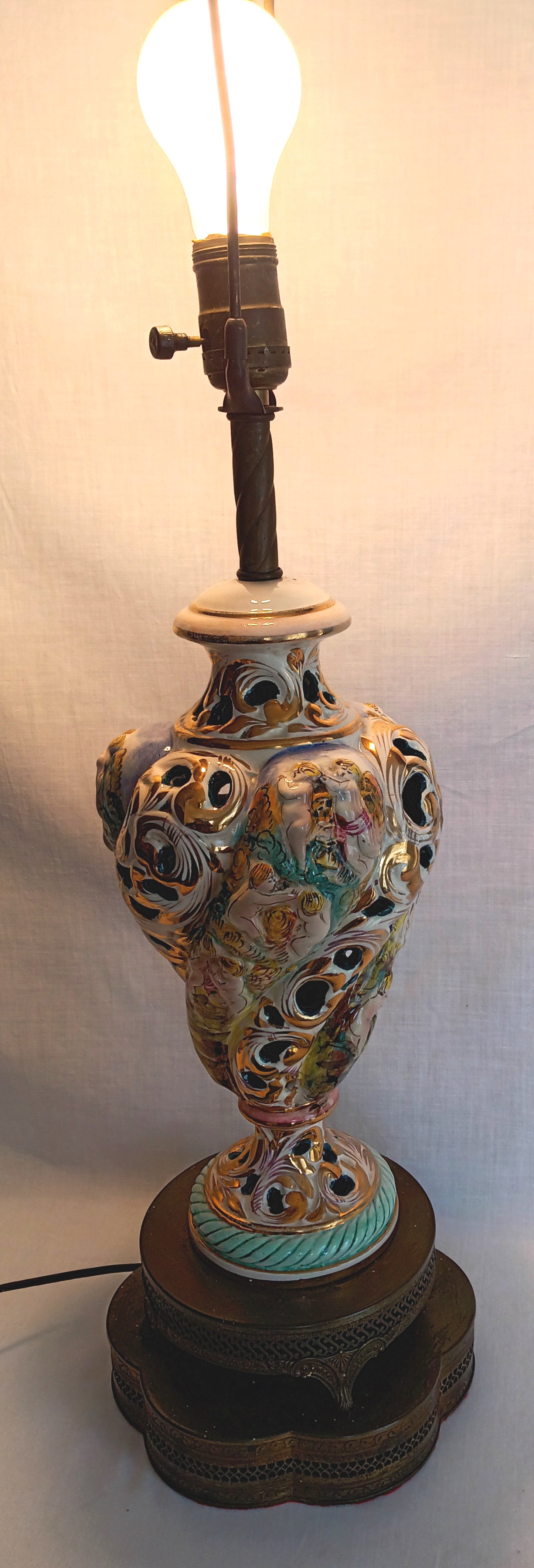 Vintage Capodimonte Style Porcelain Table Lamp Hand-Painted Floral Cherub Scenes Ornate Brass Metal Plinth Base Harp Finial