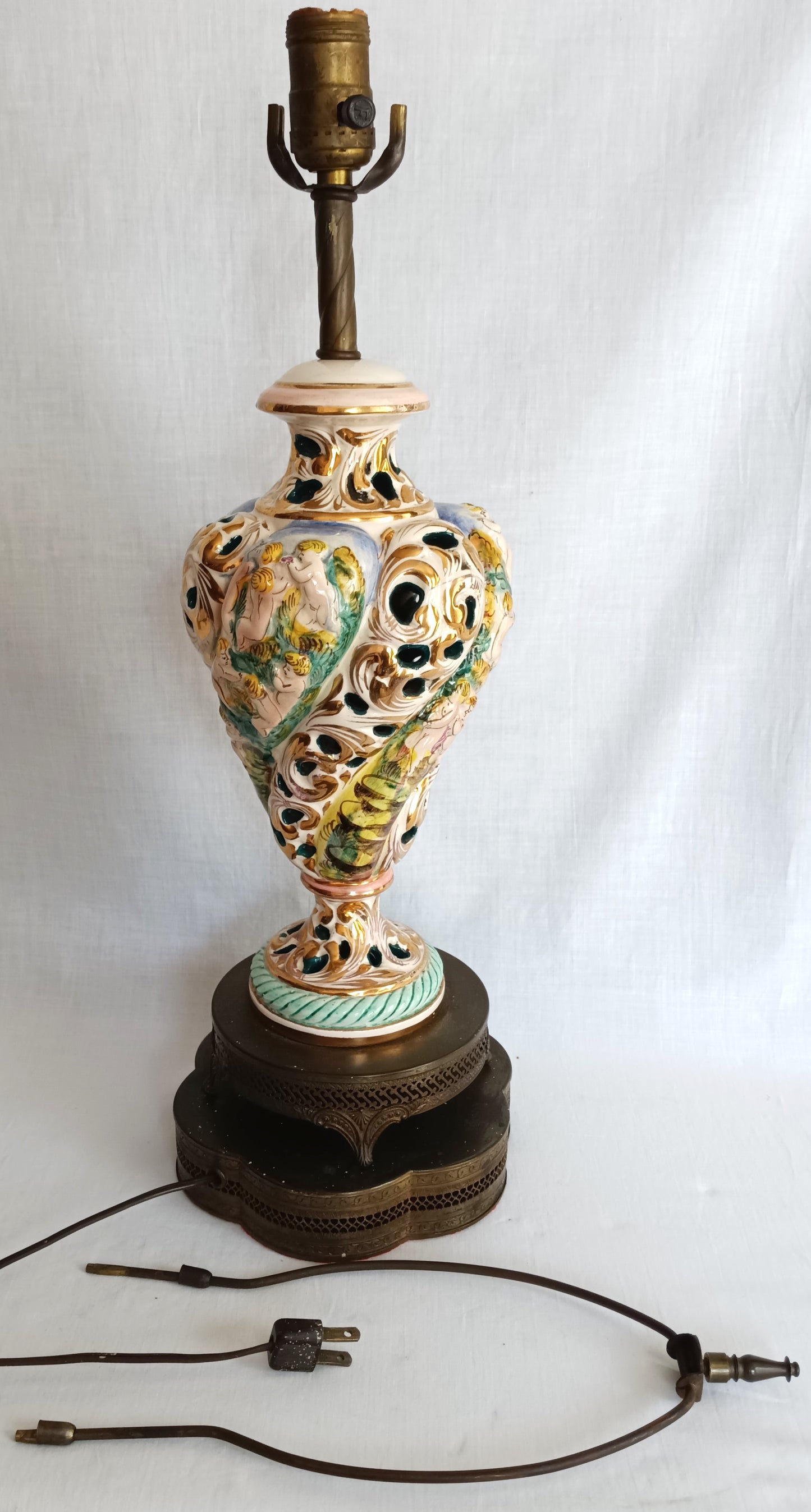 Vintage Capodimonte Style Porcelain Table Lamp Hand-Painted Floral Cherub Scenes Ornate Brass Metal Plinth Base Harp Finial