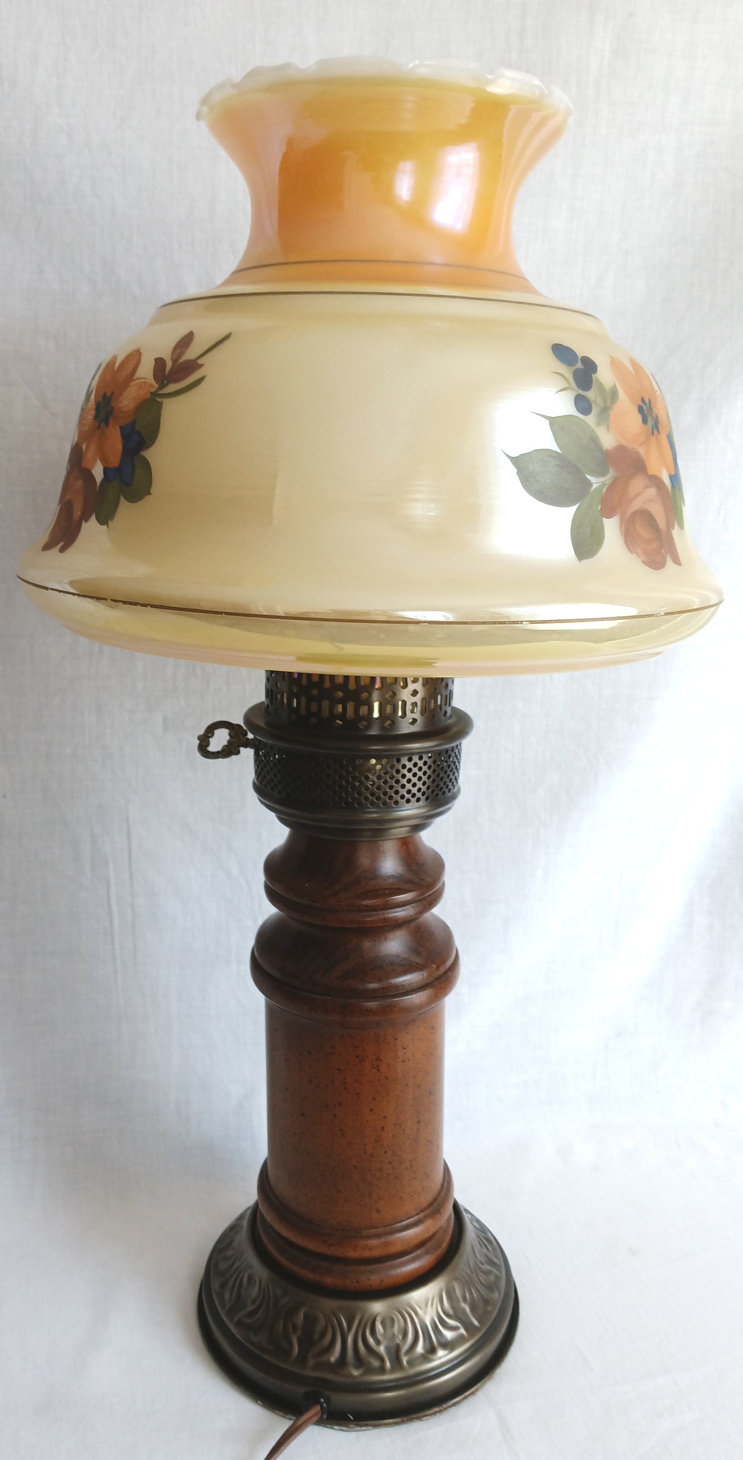 Vintage Moe Lighting GWTW Style Parlor Table Lamp Wooden Brass Base Glass Shade w/Hand Painted Floral Motif 3 Way Switch