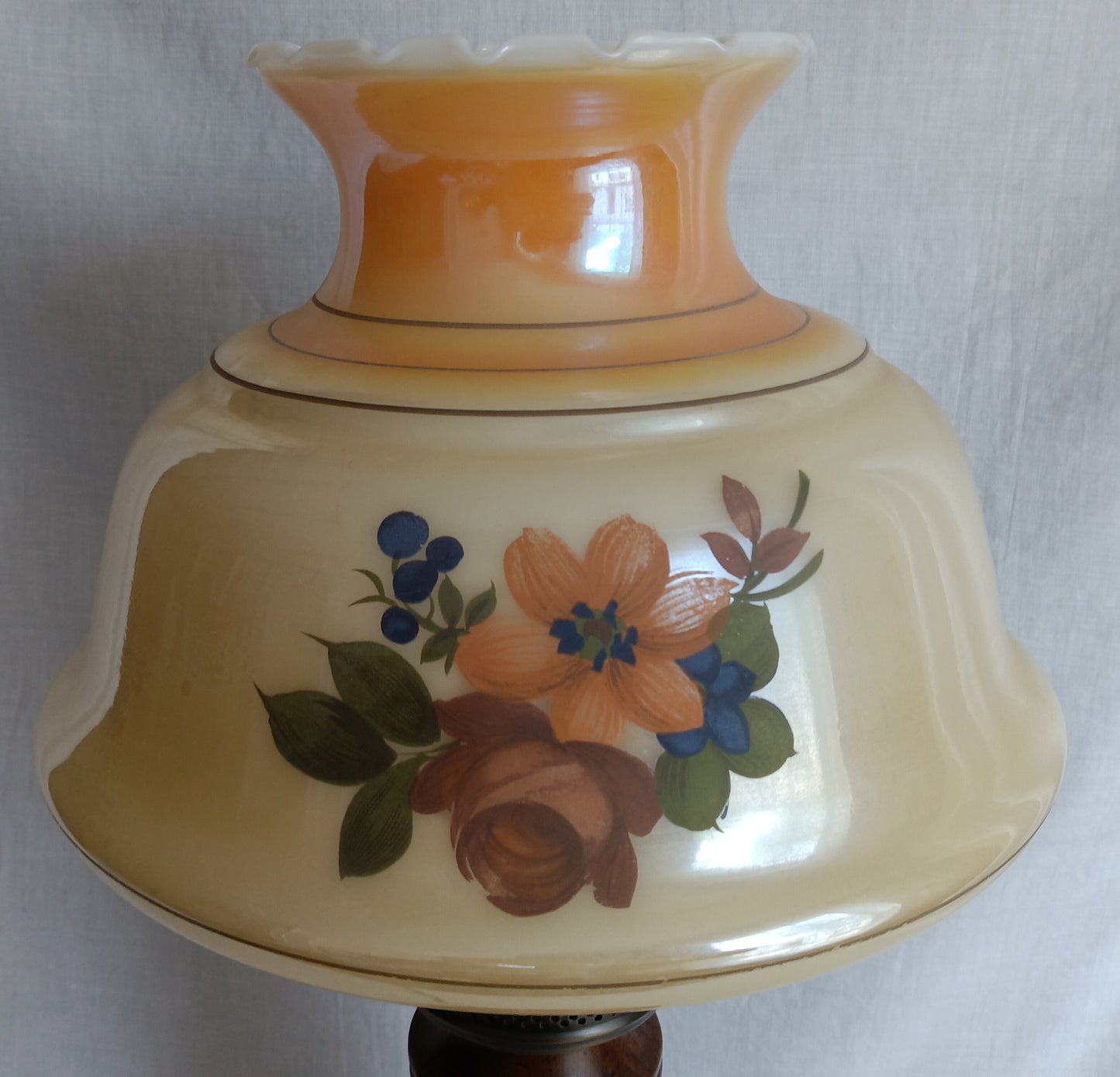 Vintage Moe Lighting GWTW Style Parlor Table Lamp Wooden Brass Base Glass Shade w/Hand Painted Floral Motif 3 Way Switch