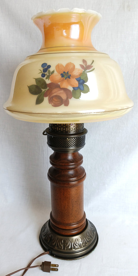 Vintage Moe Lighting GWTW Style Parlor Table Lamp Wooden Brass Base Glass Shade w/Hand Painted Floral Motif 3 Way Switch