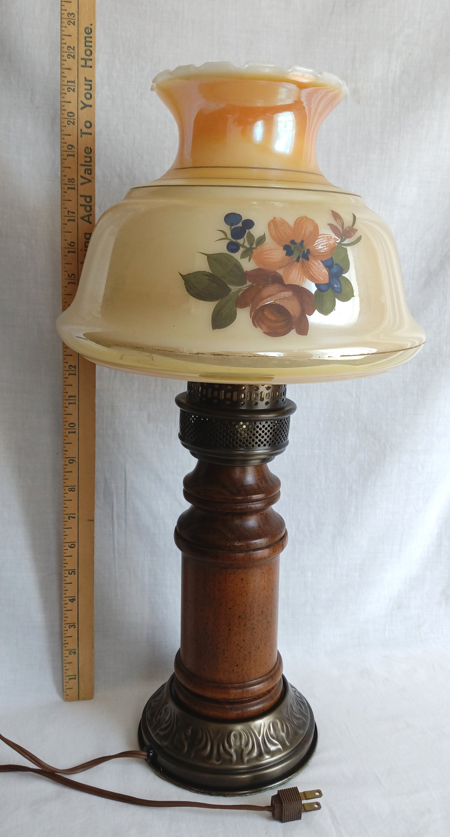 Vintage Moe Lighting GWTW Style Parlor Table Lamp Wooden Brass Base Glass Shade w/Hand Painted Floral Motif 3 Way Switch