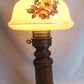 Vintage Moe Lighting GWTW Style Parlor Table Lamp Wooden Brass Base Glass Shade w/Hand Painted Floral Motif 3 Way Switch
