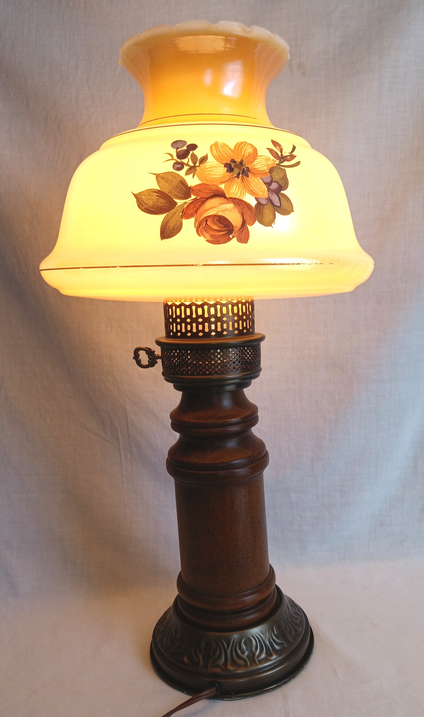 Vintage Moe Lighting GWTW Style Parlor Table Lamp Wooden Brass Base Glass Shade w/Hand Painted Floral Motif 3 Way Switch