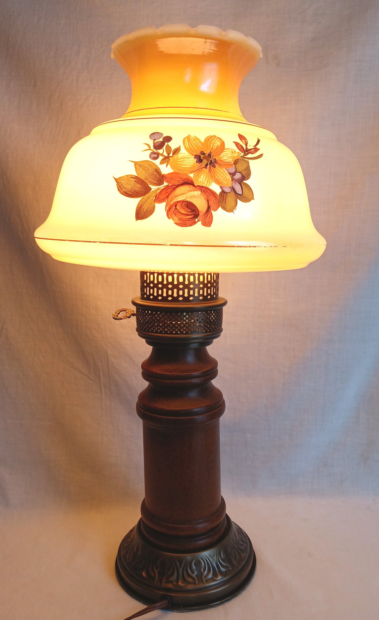 Vintage Moe Lighting GWTW Style Parlor Table Lamp Wooden Brass Base Glass Shade w/Hand Painted Floral Motif 3 Way Switch
