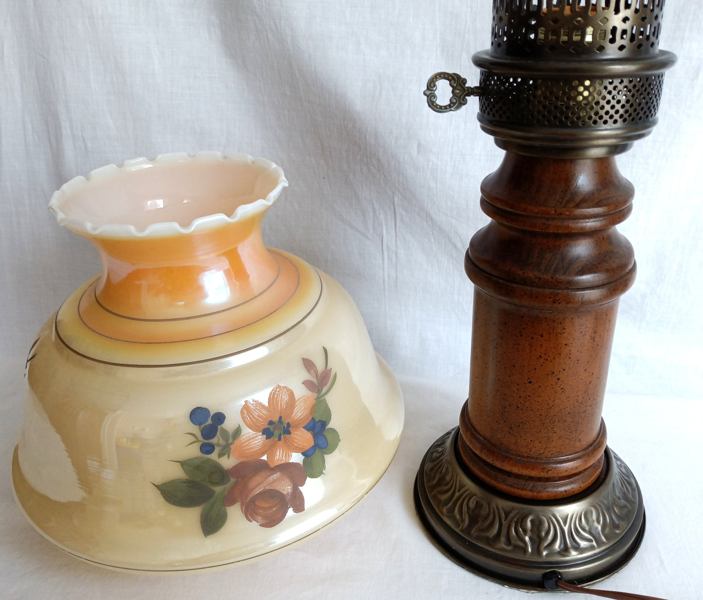 Vintage Moe Lighting GWTW Style Parlor Table Lamp Wooden Brass Base Glass Shade w/Hand Painted Floral Motif 3 Way Switch