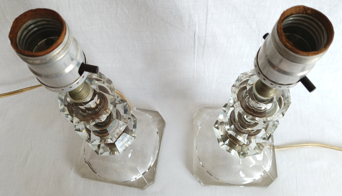 Vintage Mid Century Pair Table Lamps Clear Crystal Glass Stacked Geometric Prism Boudoir Vanity Retro Lighting