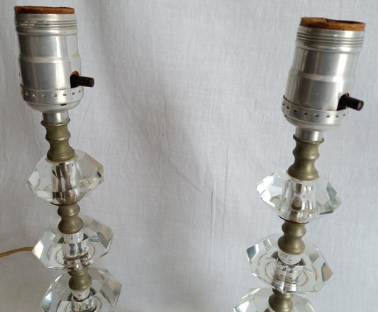 Vintage Mid Century Pair Table Lamps Clear Crystal Glass Stacked Geometric Prism Boudoir Vanity Retro Lighting