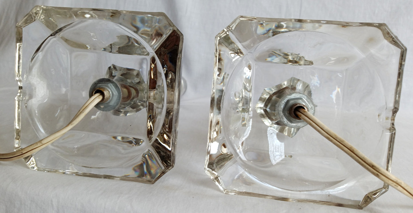 Vintage Mid Century Pair Table Lamps Clear Crystal Glass Stacked Geometric Prism Boudoir Vanity Retro Lighting