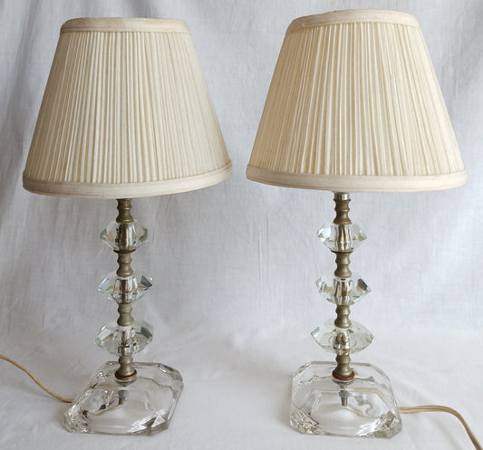 Vintage Mid Century Pair Table Lamps Clear Crystal Glass Stacked Geometric Prism Boudoir Vanity Retro Lighting