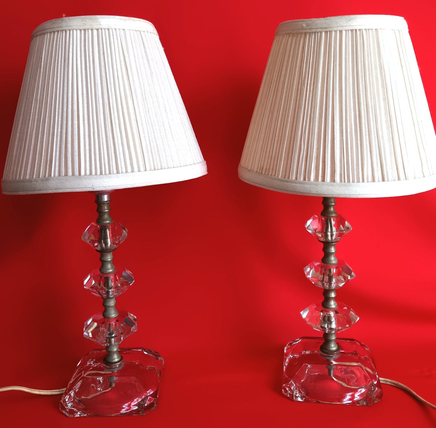 Vintage Mid Century Pair Table Lamps Clear Crystal Glass Stacked Geometric Prism Boudoir Vanity Retro Lighting