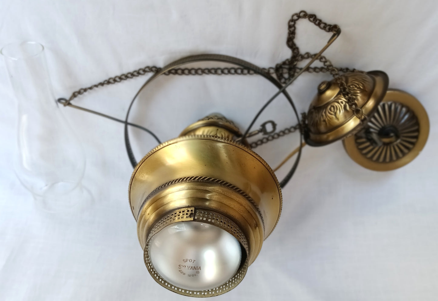 Vintage Quoizel Abigail Adams Swag Hanging Chandelier Brass Lamp 3 Way Blue Poppy Design Large Hurricane Shade Clear Glass Chimney Spotlight