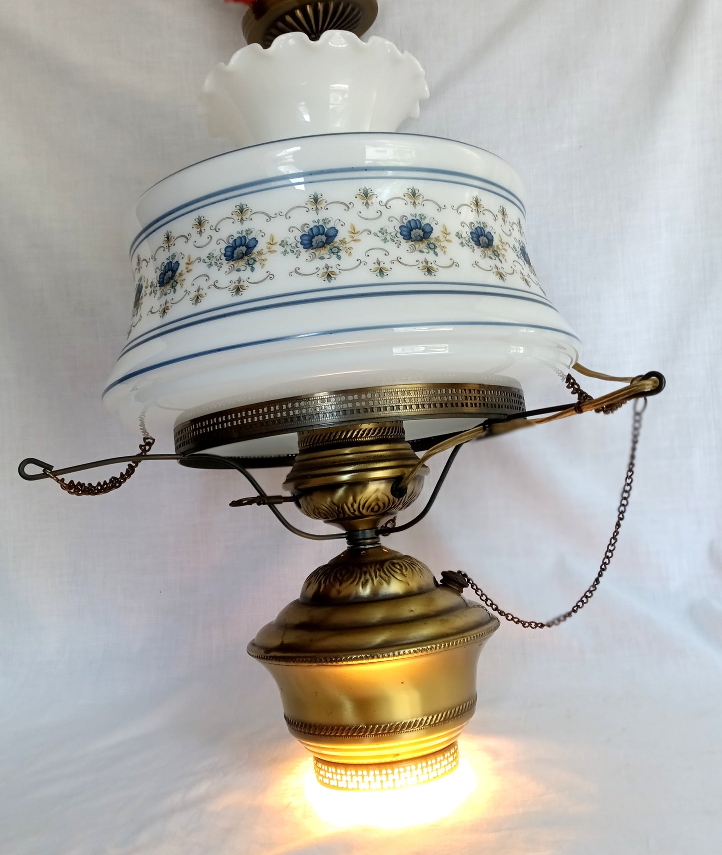 Vintage Quoizel Abigail Adams Swag Hanging Chandelier Brass Lamp 3 Way Blue Poppy Design Large Hurricane Shade Clear Glass Chimney Spotlight