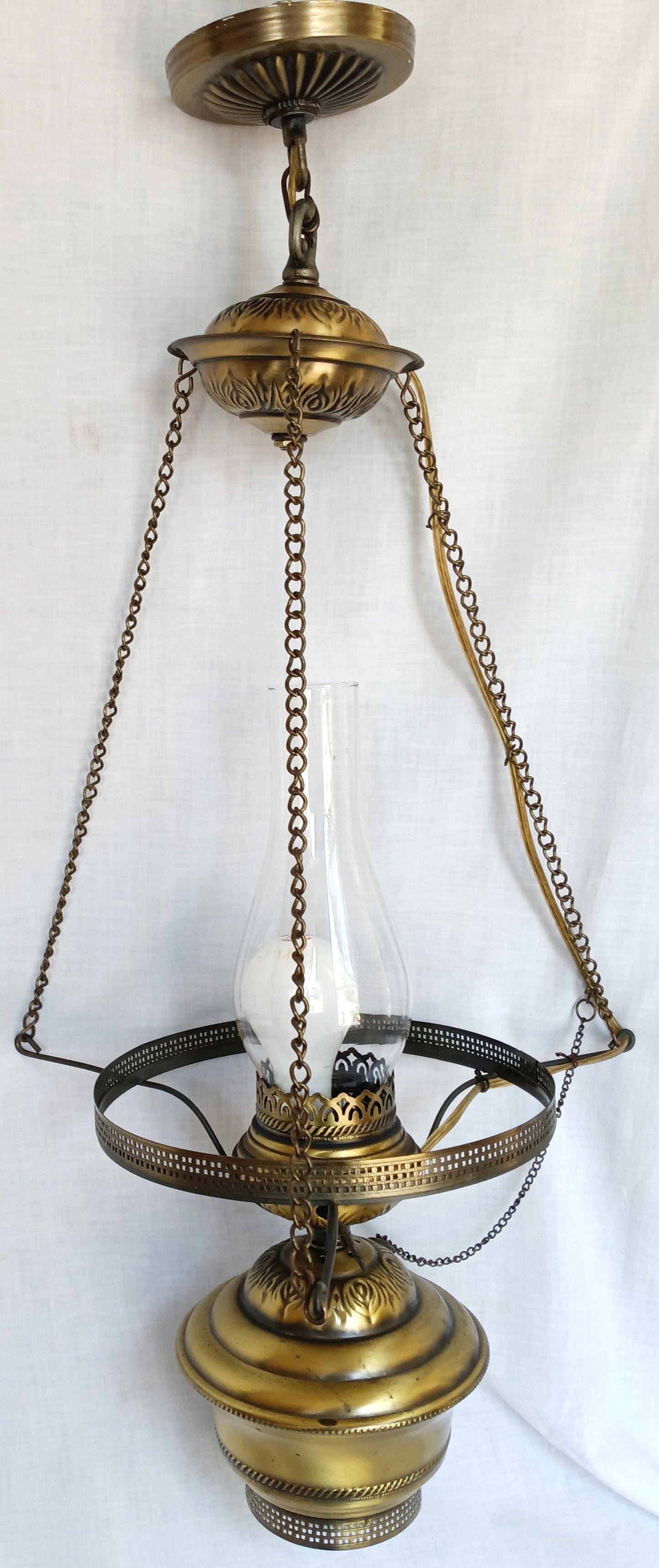 Vintage Quoizel Abigail Adams Swag Hanging Chandelier Brass Lamp 3 Way Blue Poppy Design Large Hurricane Shade Clear Glass Chimney Spotlight