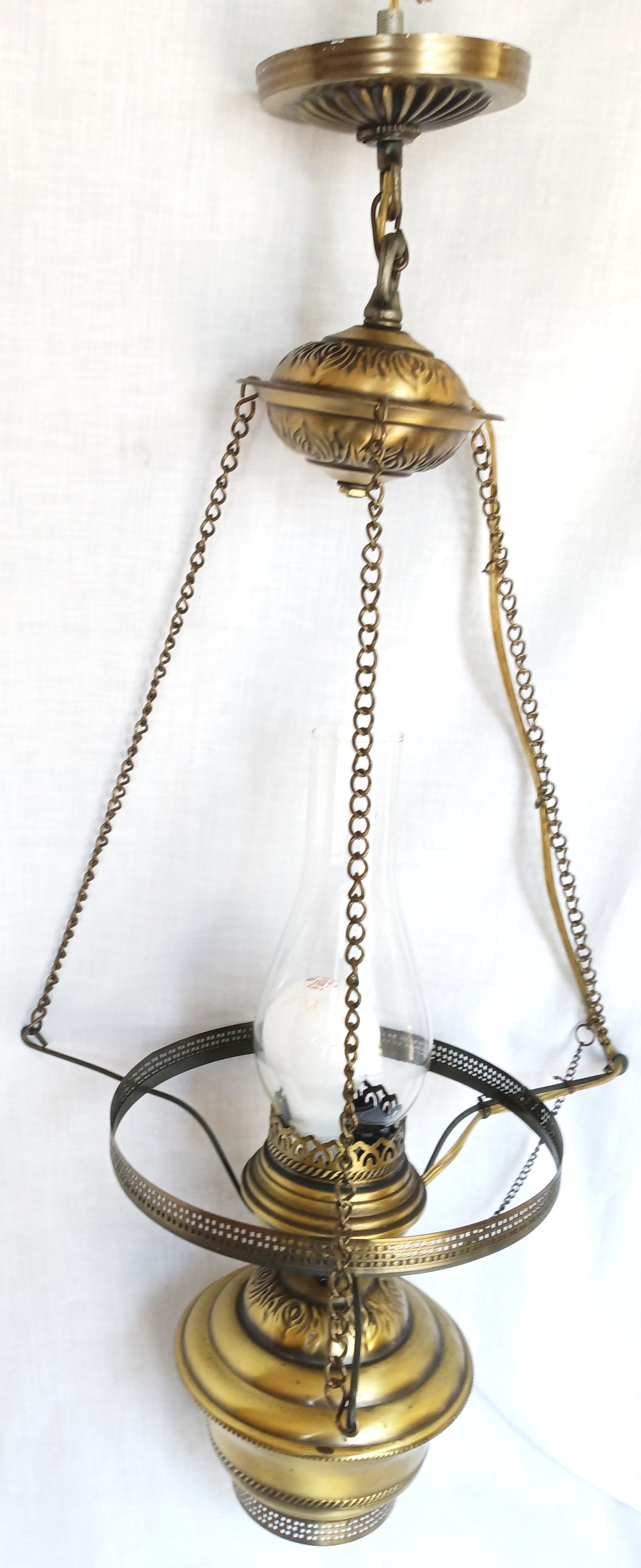 Vintage Quoizel Abigail Adams Swag Hanging Chandelier Brass Lamp 3 Way Blue Poppy Design Large Hurricane Shade Clear Glass Chimney Spotlight