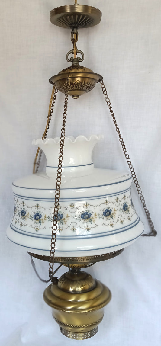 Vintage Quoizel Abigail Adams Swag Hanging Chandelier Brass Lamp 3 Way Blue Poppy Design Large Hurricane Shade Clear Glass Chimney Spotlight