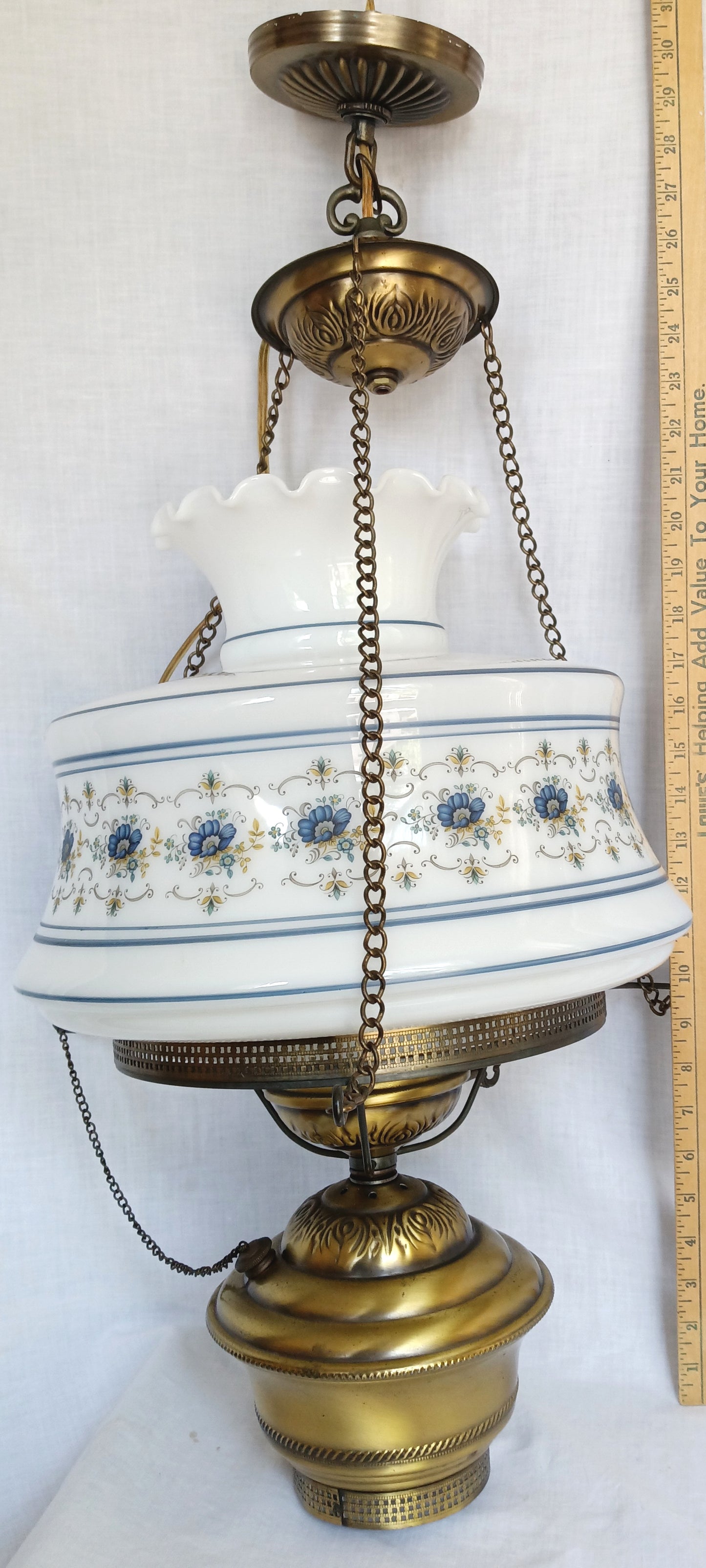 Vintage Quoizel Abigail Adams Swag Hanging Chandelier Brass Lamp 3 Way Blue Poppy Design Large Hurricane Shade Clear Glass Chimney Spotlight