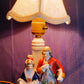 Vintage Occupied Japan Hand Painted Glazed Porcelain Vanity Table Lamp w/Silk Lampshade Courting Couple Figurine Made in Japan