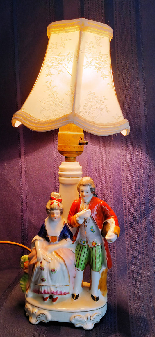 Vintage Occupied Japan Hand Painted Glazed Porcelain Vanity Table Lamp w/Silk Lampshade Courting Couple Figurine Made in Japan