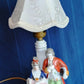 Vintage Occupied Japan Hand Painted Glazed Porcelain Vanity Table Lamp w/Silk Lampshade Courting Couple Figurine Made in Japan
