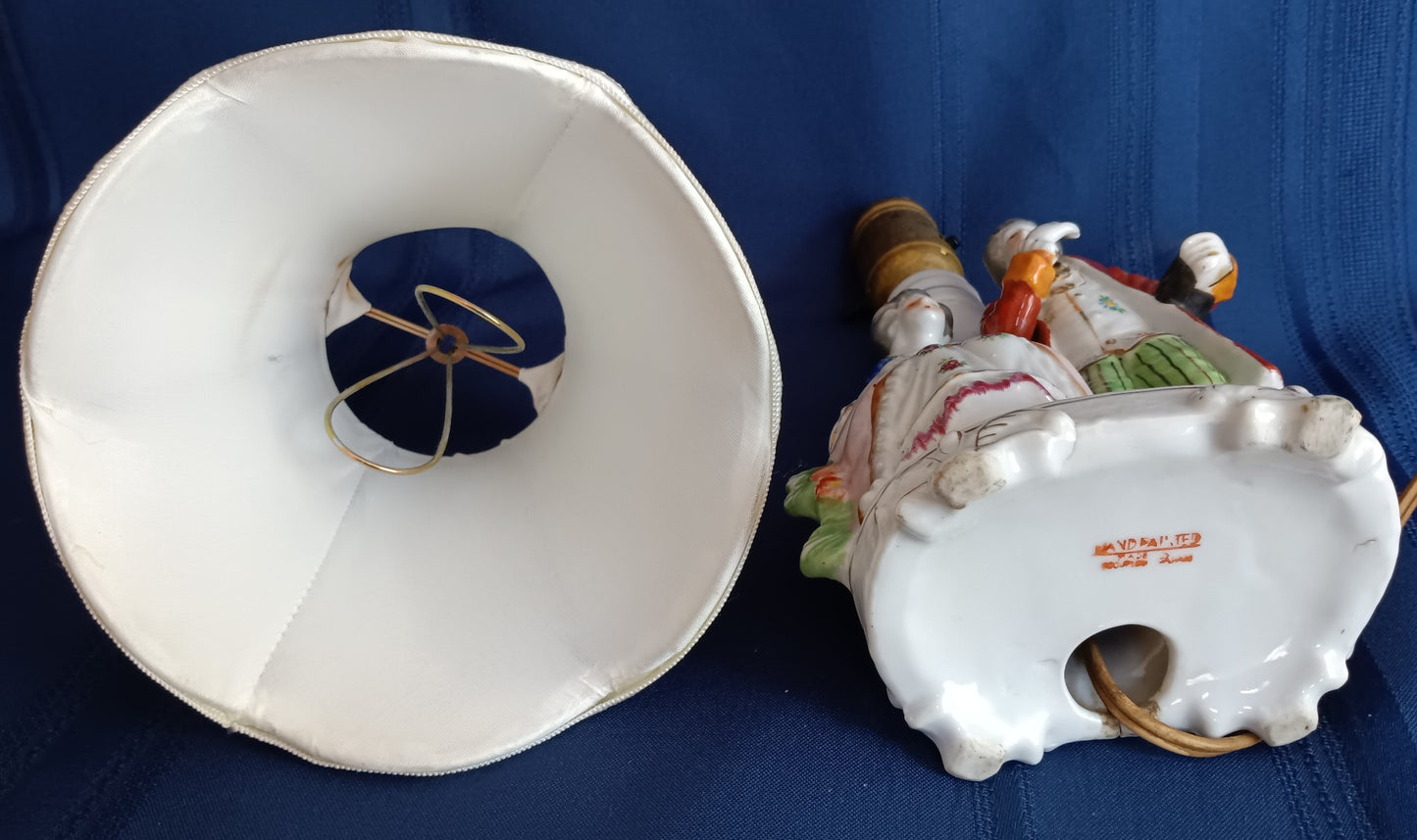 Vintage Occupied Japan Hand Painted Glazed Porcelain Vanity Table Lamp w/Silk Lampshade Courting Couple Figurine Made in Japan
